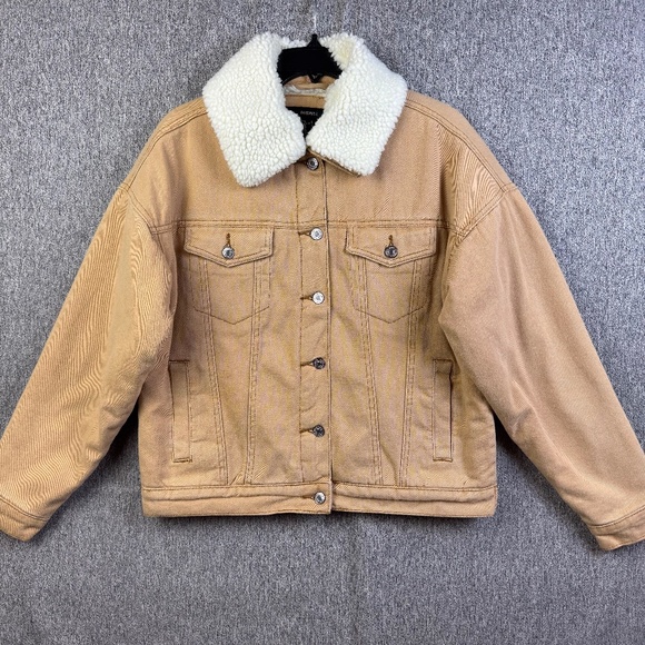 Forever 21 Tan Denim Jeans Sherpa Lined Button Up Trucker Jacket Women's Size S - Picture 1 of 7